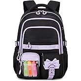 QIXIHU Girls Backpack, 17-Inch Bookbag for Middle & Elementary School, Kawaii Kids Backpack for Girls Ages 6-12(Black Purple)