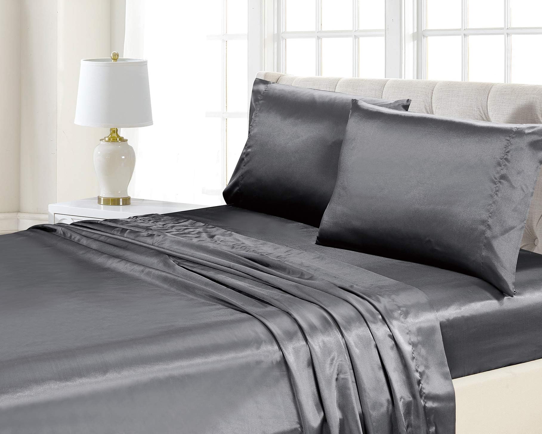 Better Home Style Super Soft Silky Smooth Satin Bed 4 Piece Deep Pocket Sheet Set # Satin (King, Charcoal)