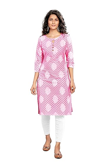 Straight Light Pink Printed Cotton Kurta for Girls's and Women's