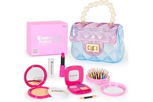 BELLOCHIDDO Girls Purse with Accessories, Pretend Play Purse for Little Girls with Kids Makeup Kit, Princess Cosmetics Toys Set with Accessories, Toys for Girls Birthday Age 3 4 5 6 7 8 Year Old (Purple)