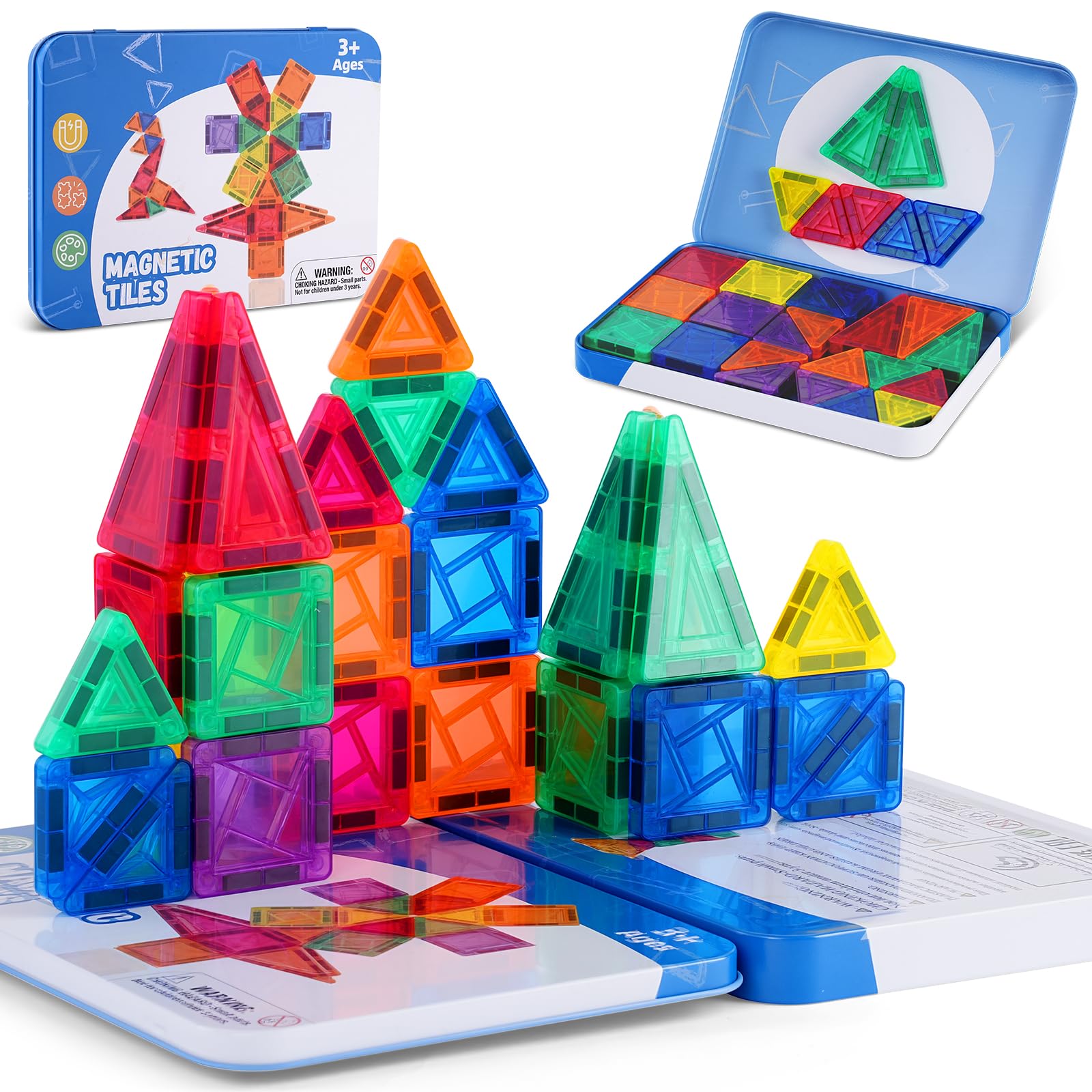 AOOSA 42 Pcs Mini Travel Magnetic Tiles Set, Magnet Building Tiles with Storage Tin, Educational Toys Travel Sets, Magnetic Blocks Building Travel Toys, Construction Toys for Birthday Gift for Kids