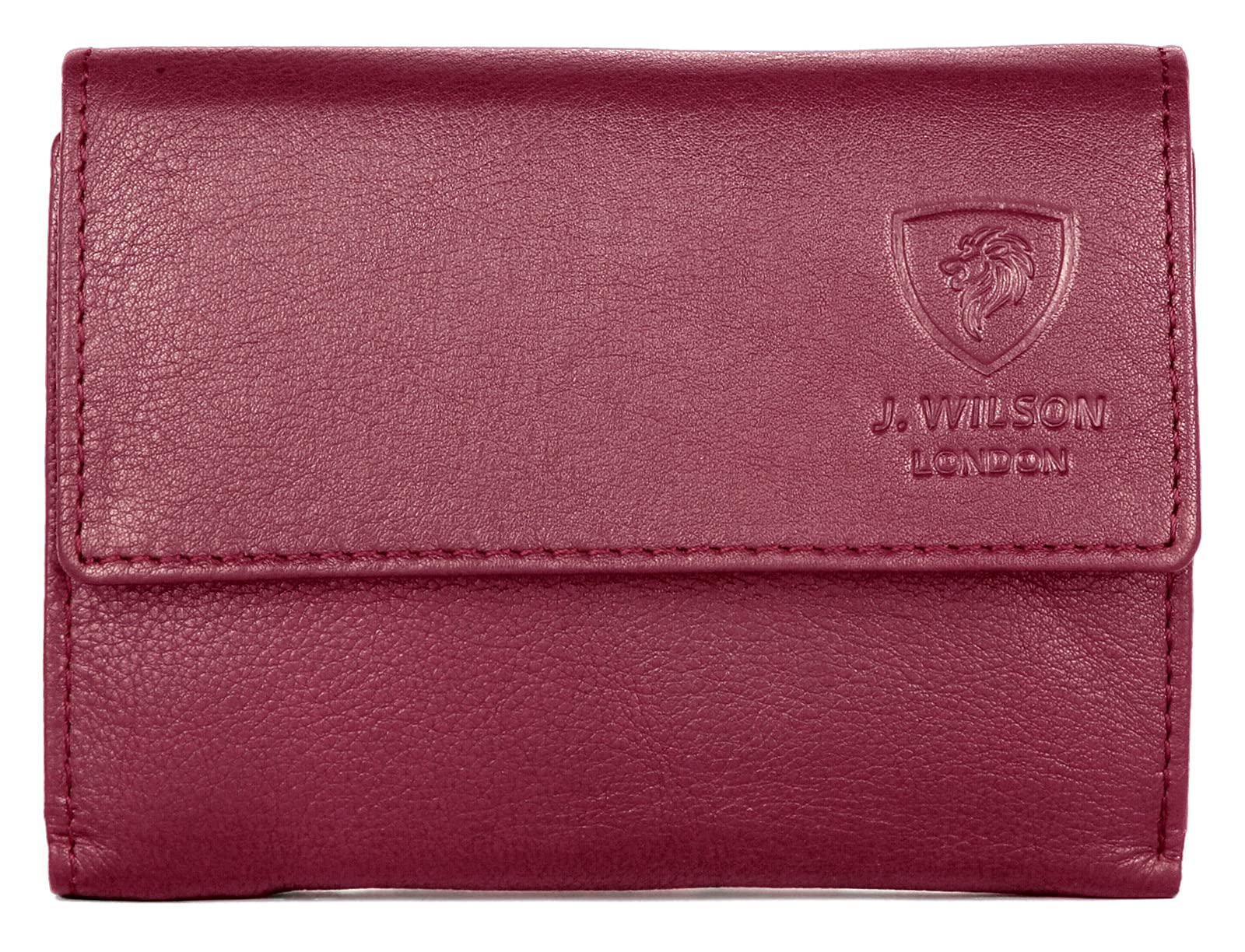 J. Wilson London Ladies RFID Safe Designer Leather Purse Card Women Wallet Zip Pocket Boxed (Light Burgundy)