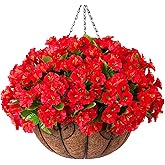 Ammyoo Artificial Hanging Flower Plants with Basket for Outdoor Decoration, Faux Petunias Flowers Fake Morning Glory Plants for Hanging Outside Patio Garden Porch Balcony Yard Spring Decor(Red)