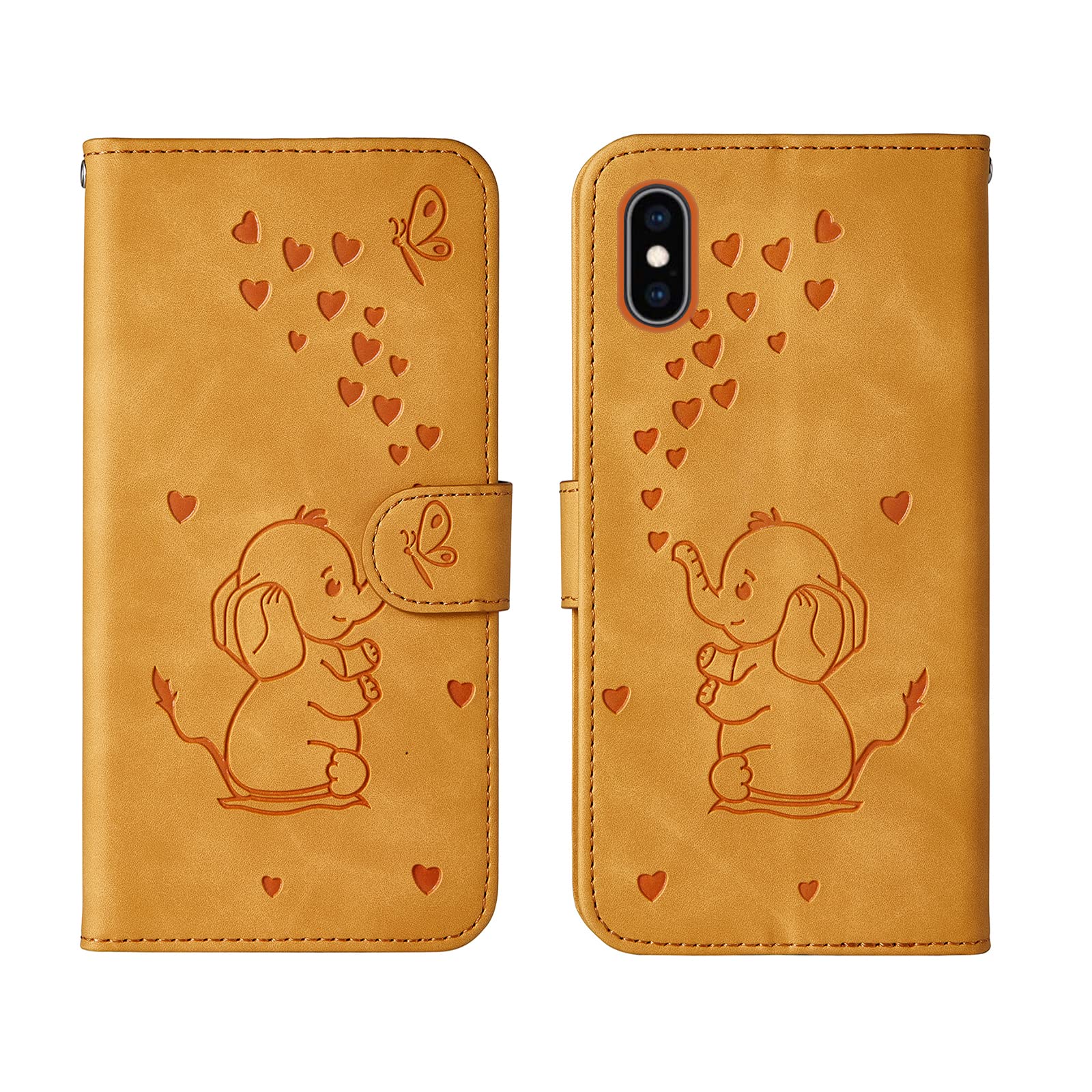 Bartern Flip Case for iPhone X/iPhone XS,Cute Elephant PU Leather Folio Flip Wallet Phone Case Cover with Card Holder Magnetic Closure and Stand Feature for iPhone X/XS,Yellow