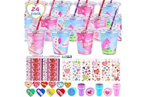 Quanquer Valentines Day Gifts for Kids - 24 Pack Valentine Stationery Gift for Kids Classroom with Cards Pencils Stampers Stickers Eraser Sharpener Cup - Prize School Exchange Boys Girls Party Favors