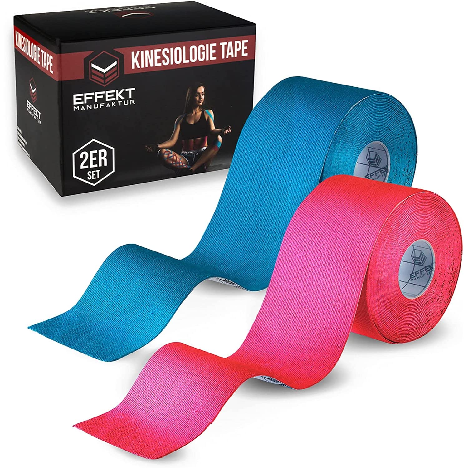 Effekt Kinesiology Tape Waterproof (5 m x 5 cm), 2 Rolls - Elastic Physio Tape for Muscle Support and Injury Recovery, Medical Tape, Sports Tape Strapping Durable Kinesthetic Tape (Blue + Pink)