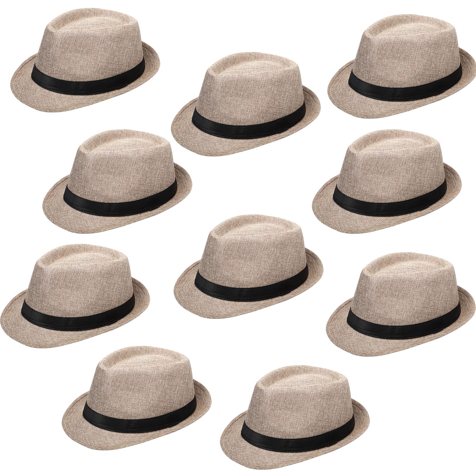 Photo 1 of 10 Pack Classic Fedora Hat with Short Brim, Straw Panama Style, for Men Women Party Costume, Circumference 60 cm (Beige)