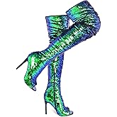 CAMSSOO Thigh High Boots for Women Sequin Open Toe Sparkly Stiletto Over The Knee Boots