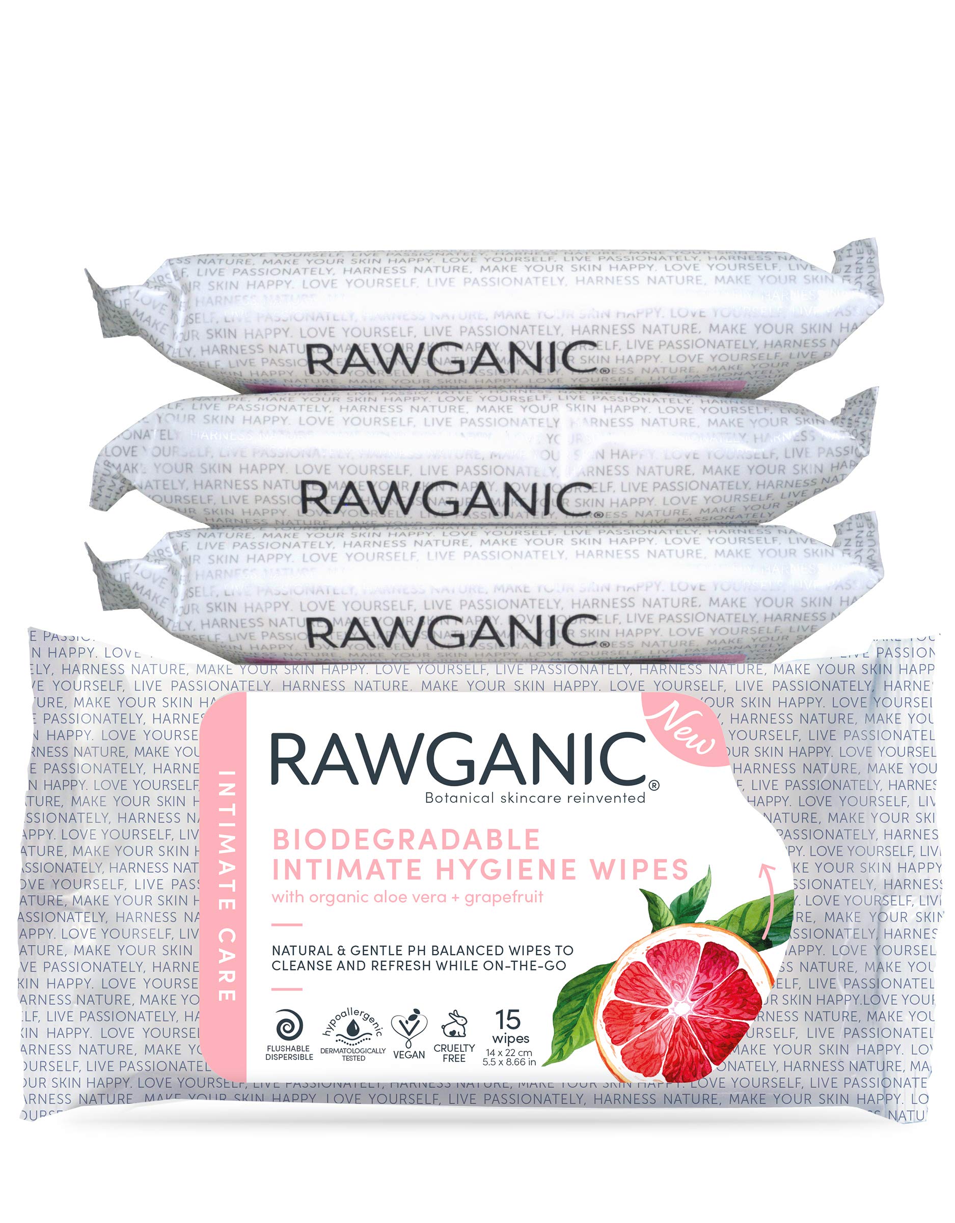 RAWGANIC Organic Intimate Hygiene Wipes | Hypoallergenic, Alcohol-Free, Fragrance-Free Flushable, Biodegradable Intimate Pre-Waxing Wipes | with Grapefruit and Aloe Vera | 4 Packs (60 Wipes in Total)