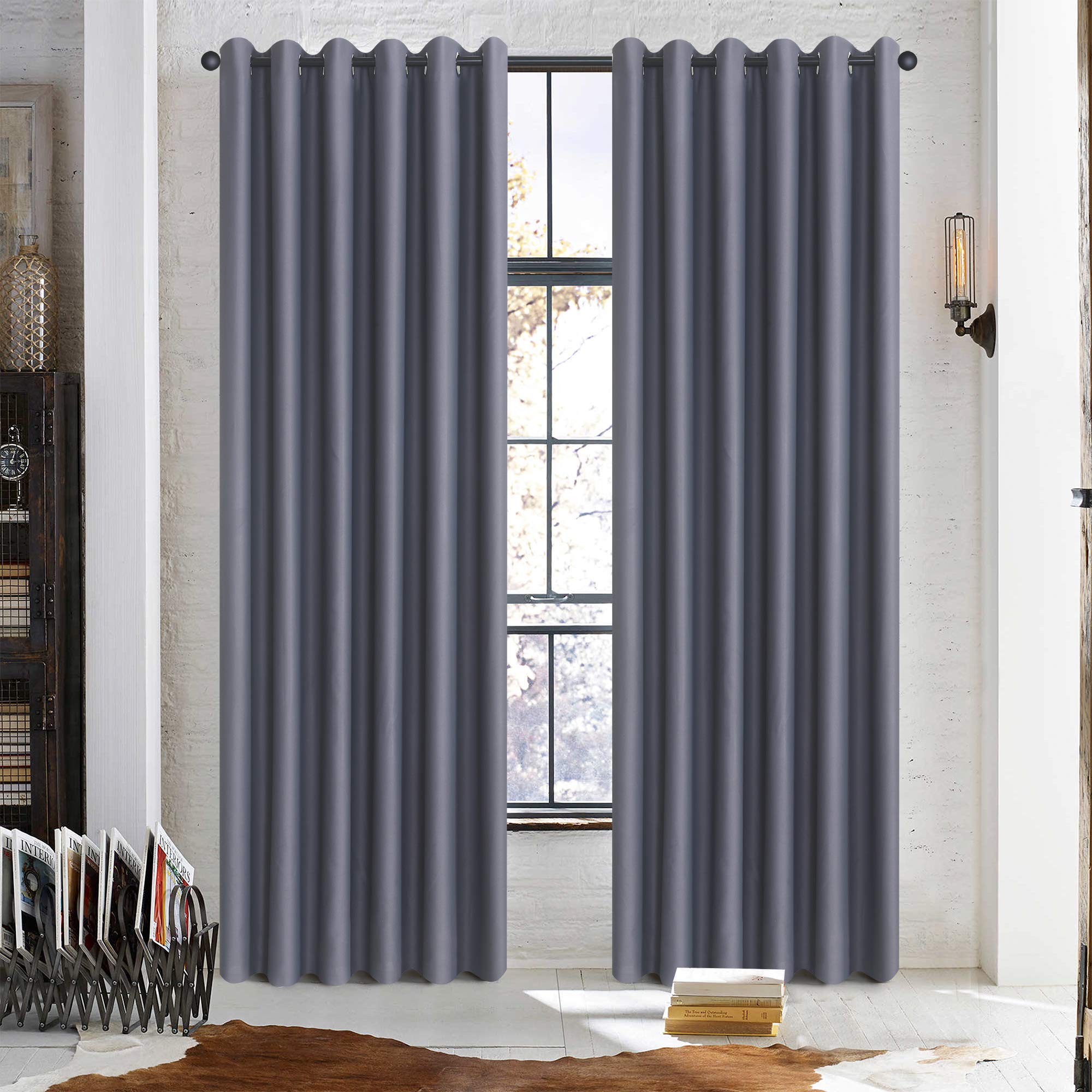 ROOEE Insulated Heavy Thick Thermal Blackout Curtains Eyelet Ring Top Pair – Ideal for Living Room, Bedroom, Guest Room and Kids Bedroom (Grey, 66" Wide x 72" Drop)