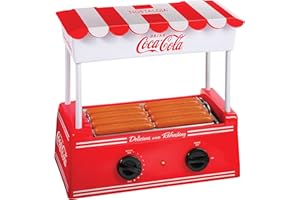 Nostalgia Coca-Cola Hot Dog Roller Holds 8 Regular Sized or 4-Foot-Long Hot Dogs and 6 Bun Capacity, Stainless Steel Rollers,