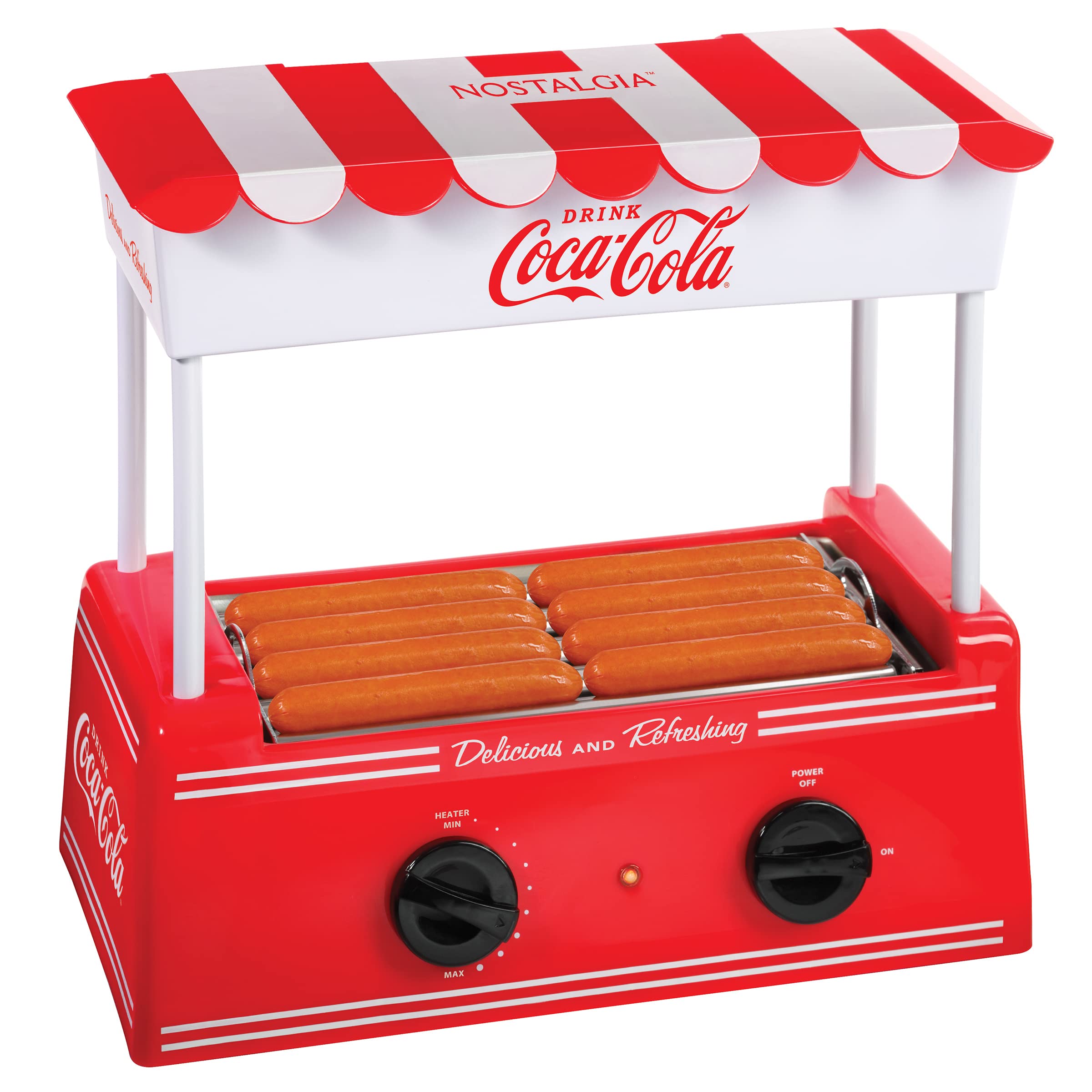 Photo 1 of Nostalgia Coca-Cola Hot Dog Roller Holds 8 Regular Sized or 4-Foot-Long Hot Dogs and 6 Bun Capacity, Stainless Steel Rollers, Perfect For Breakfast Sausages, Brats, Taquitos, Egg Rolls, Red/White