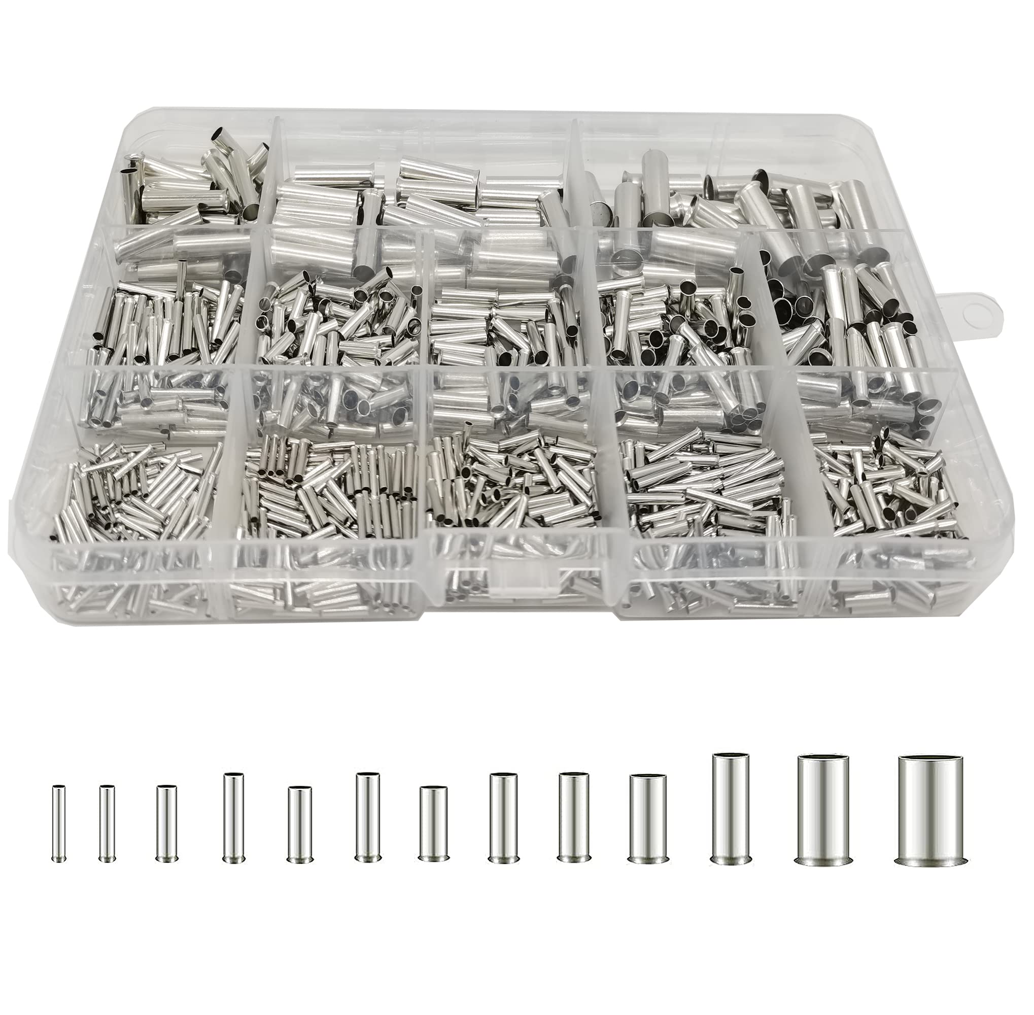 WeqeYent 1000 Pcs 16mm² - 0.5mm² Wire Ferrules Kit 6-22 AWG Wire, Non Insulated Ferrule Pin Cord End Terminal 13 Types with Box for DIY Electrical Project Crimp Terminals Kit