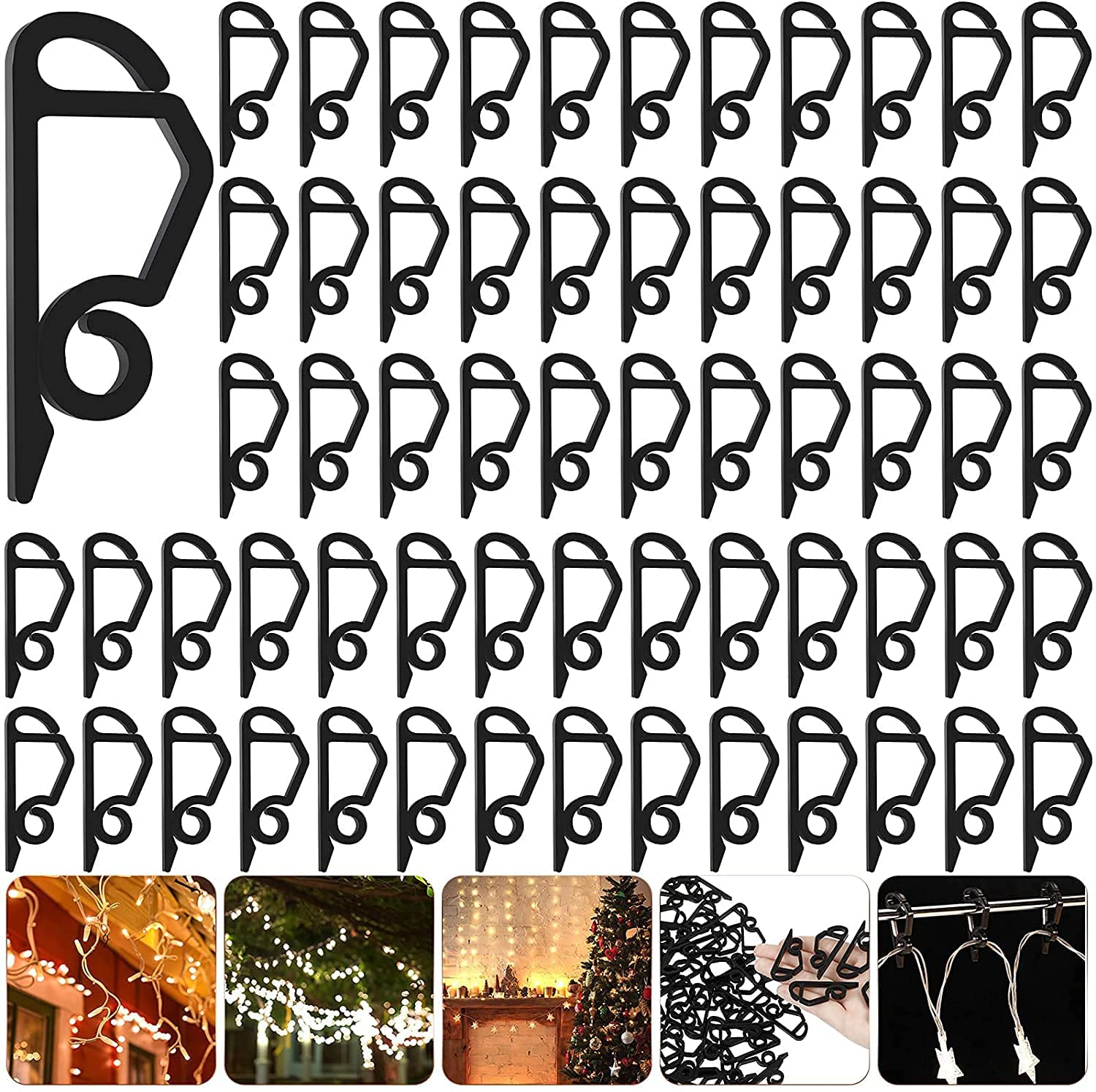 Starlife 60PCS Gutter Hooks for Outdoor Lights, Plastic Gutter Clips Hanging Hooks for Christmas Xmas String Icicle Lights (Black)