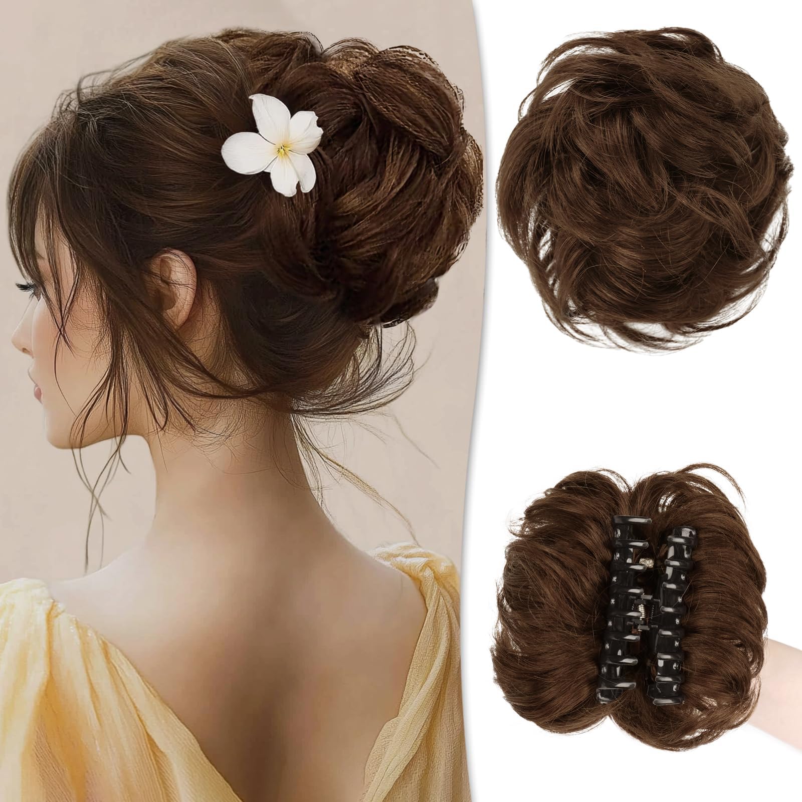 RUWISS Claw Clips in Messy Bun Hair Piece 100% Human Hair Wavy Curly Chignon Hair Bun Extension Real Human Hair Scrunchie with Clip for Women Brown (Little Reddish)