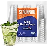 Stack Man [100 Pack - 12 oz.] Clear Disposable Plastic Cups PET Crystal Clear Disposable 12oz Plastic Cups