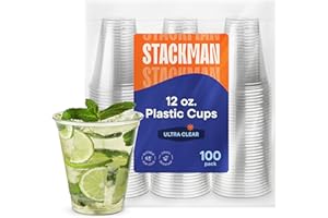 Stack Man [100 Pack - 12 oz.] Clear Disposable Plastic Cups PET Crystal Clear Disposable 12oz Plastic Cups