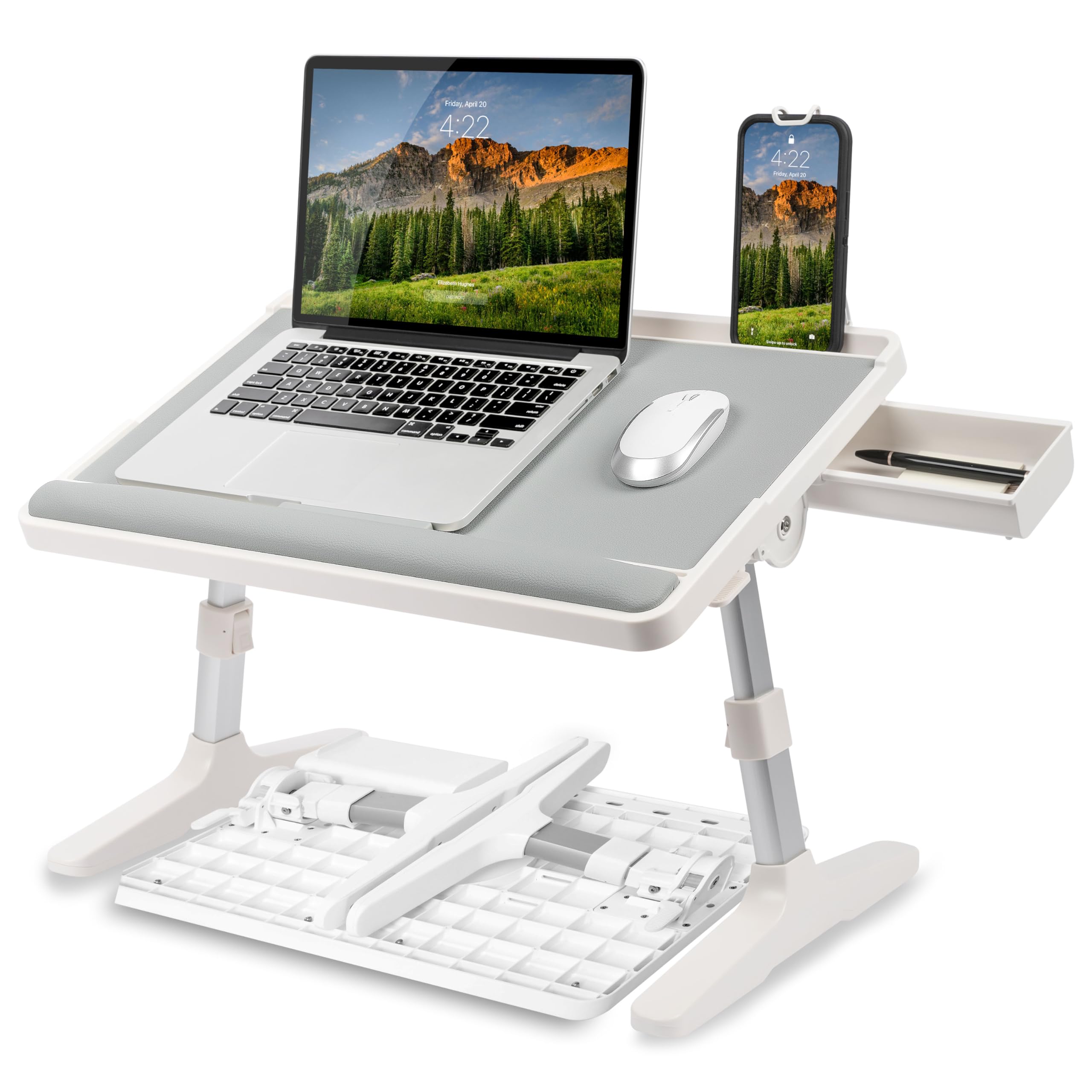 Photo 1 of LAPGEAR Easy Tilt Leather Laptop Bed Desk with Adjustable Legs, Wrist Rest, Media Slot, and Built-in Storage - Gray - Fits up to 17 Inch Laptops - Style No. 78505