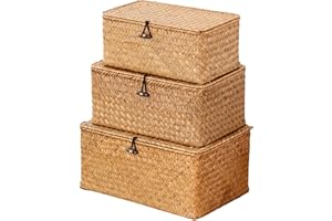 Nonam Handwoven Natural Seagrass Bin with Lid, Set of 3, Shelf Baskets Multipurpose Container for Boho Decoration, Rectangular Household Storage Boxes for Home Organization