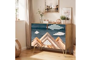 SIGNWIN Sideboard Buffet Cabinet, Kitchen Storage Cabinet with 2 Doors, Mid Century Vintage Mountains, Cupboard Console Table for Dining Room - 35" L x 18" W x 29" H