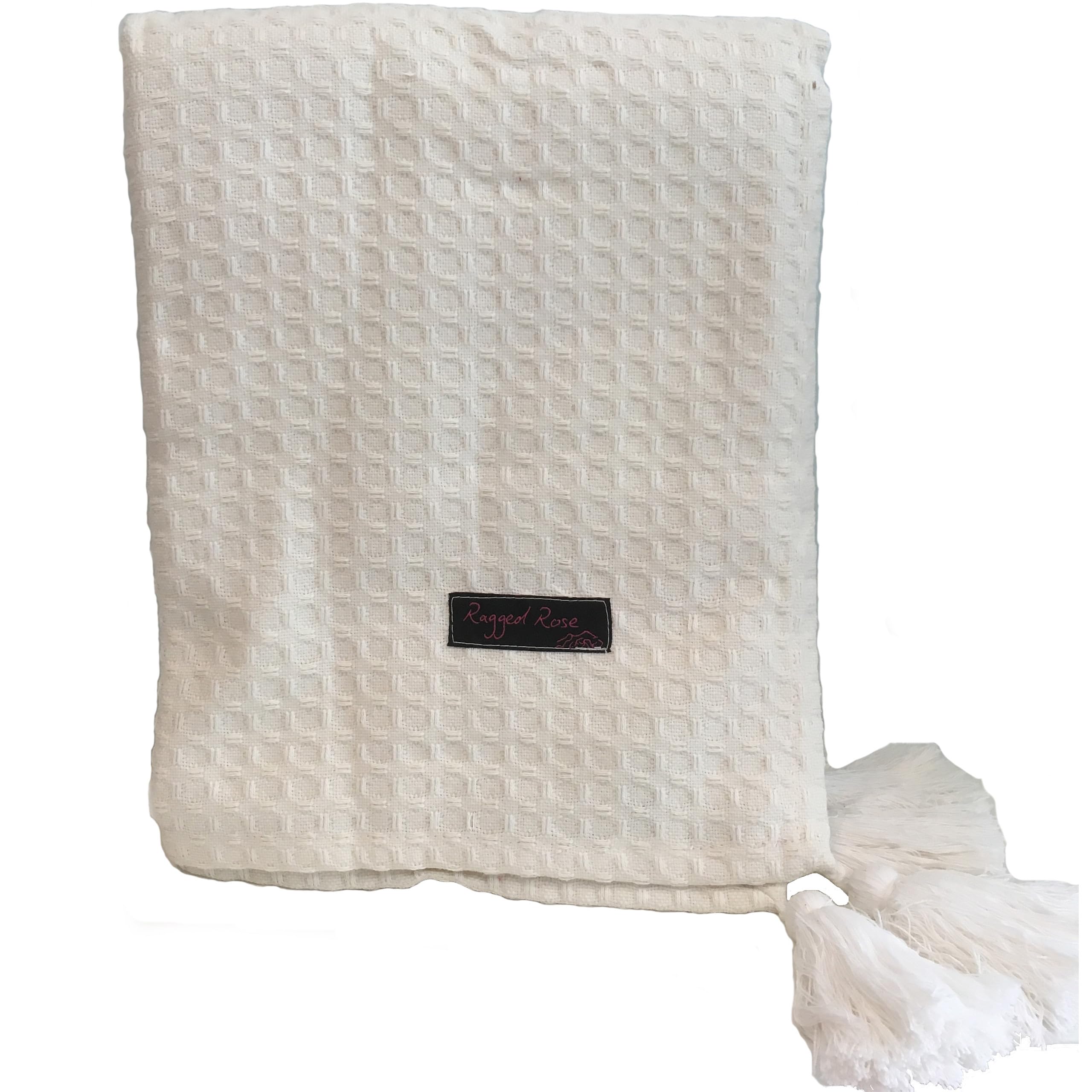 Ragged Rose 140 cm x 180 cm Waffle Throw - Versatile Indoor & Outdoor Throw Waffle Weave Cotton with Corner Tassles - Cotton Throws for Sofa & Bed (Cream) โ image 1
