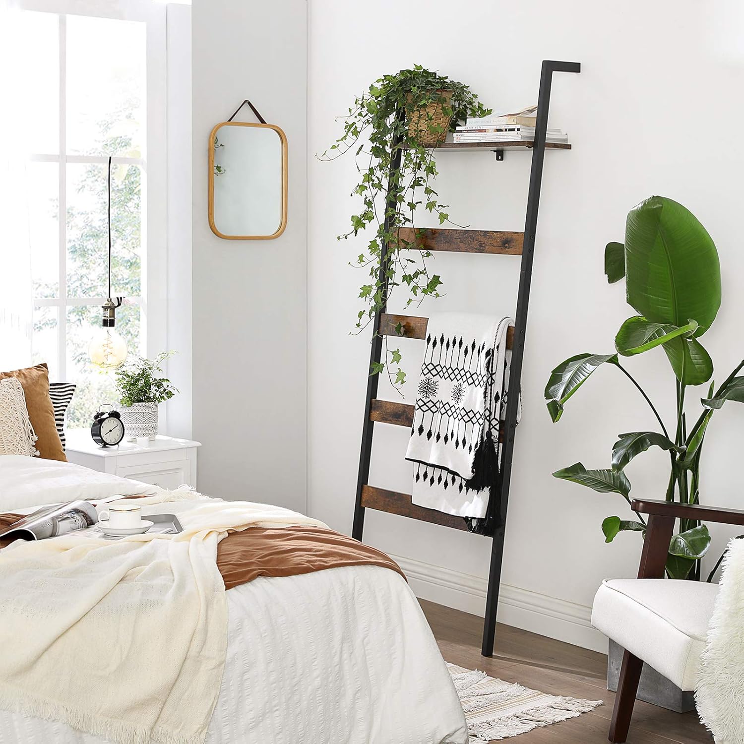 VASAGLE ALINRU Blanket Ladder Shelf, Wall-Leaning Rack with Storage Shelf, Steel Frame, for Blankets, Scarves, Industrial Style, Rustic Brown and Black ULLS012B01: Furniture & Decor