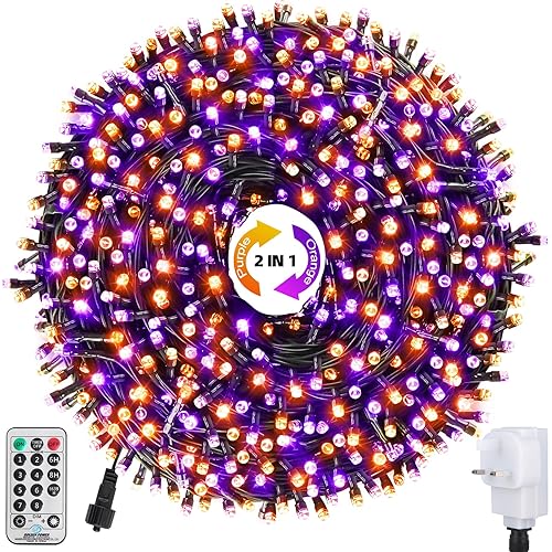 WUJUN 105ft 300 LED Christmas Halloween String Lights, End-to-End Plug 8 Modes Memory Function Outdoor Indoor Fairy Lights Christmas Tree, Garden, Party, Wedding, Holiday, Purple to Orange
