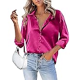 HOTOUCH Women Satin Silk Button Down Shirt Ladies Long Sleeve Tops V Neck Loose Blouse Dressy Business Casual Work Tunic Fall