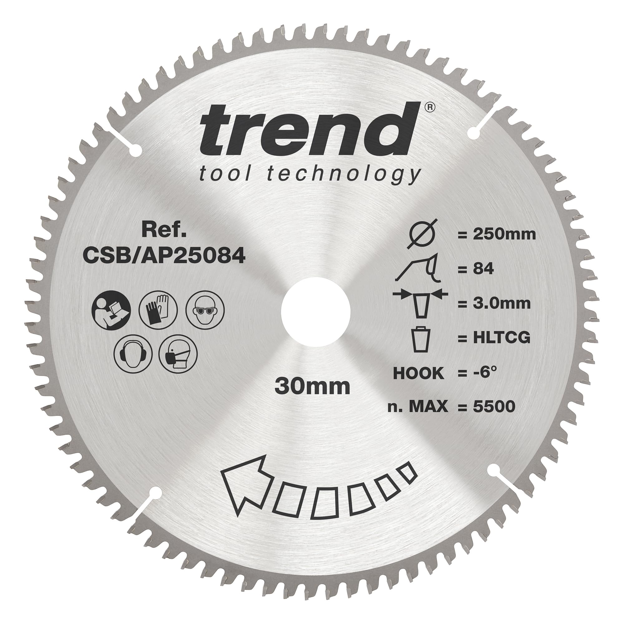 Trend Aluminium & Plastic Circular Saw Blade, 250mm Diameter, 30mm Bore, 84 Teeth, 3mm Kerf, -6° Hook, TCT, Extra-Fine Finish, CSB/AP25084