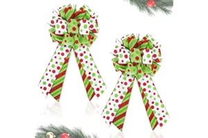 BABYCOP 2 Pack Red Green Christmas Bows for Wreaths, Pre-Assembled 10 x 18 Inch Large Christmas Tree Topper Bow Ribbon Xmas Decorations Glitter Polka Dots Ornaments for Trees Garlands Indoor Outdoor Decors