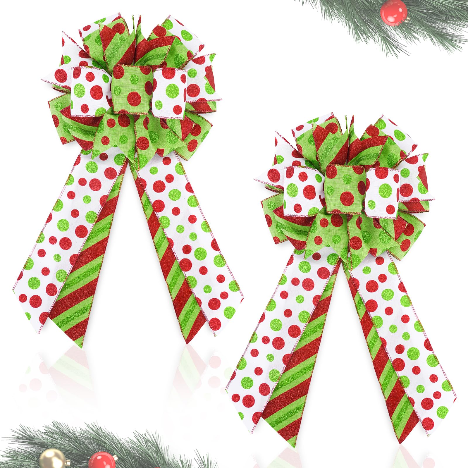 Photo 1 of 2 Pack Red Green Christmas Bows for Wreaths, Pre-Assembled 10 x 18 Inch Large Christmas Tree Topper Bow Ribbon Xmas Decorations Glitter Polka Dots Ornaments for Trees Garlands Indoor Outdoor Decors