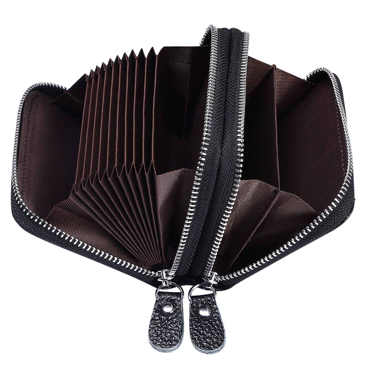 Flintronic Leather Credit Card Holder for Women - RFID Protector, Double Zipper Pouch with Woven Leather Keychain