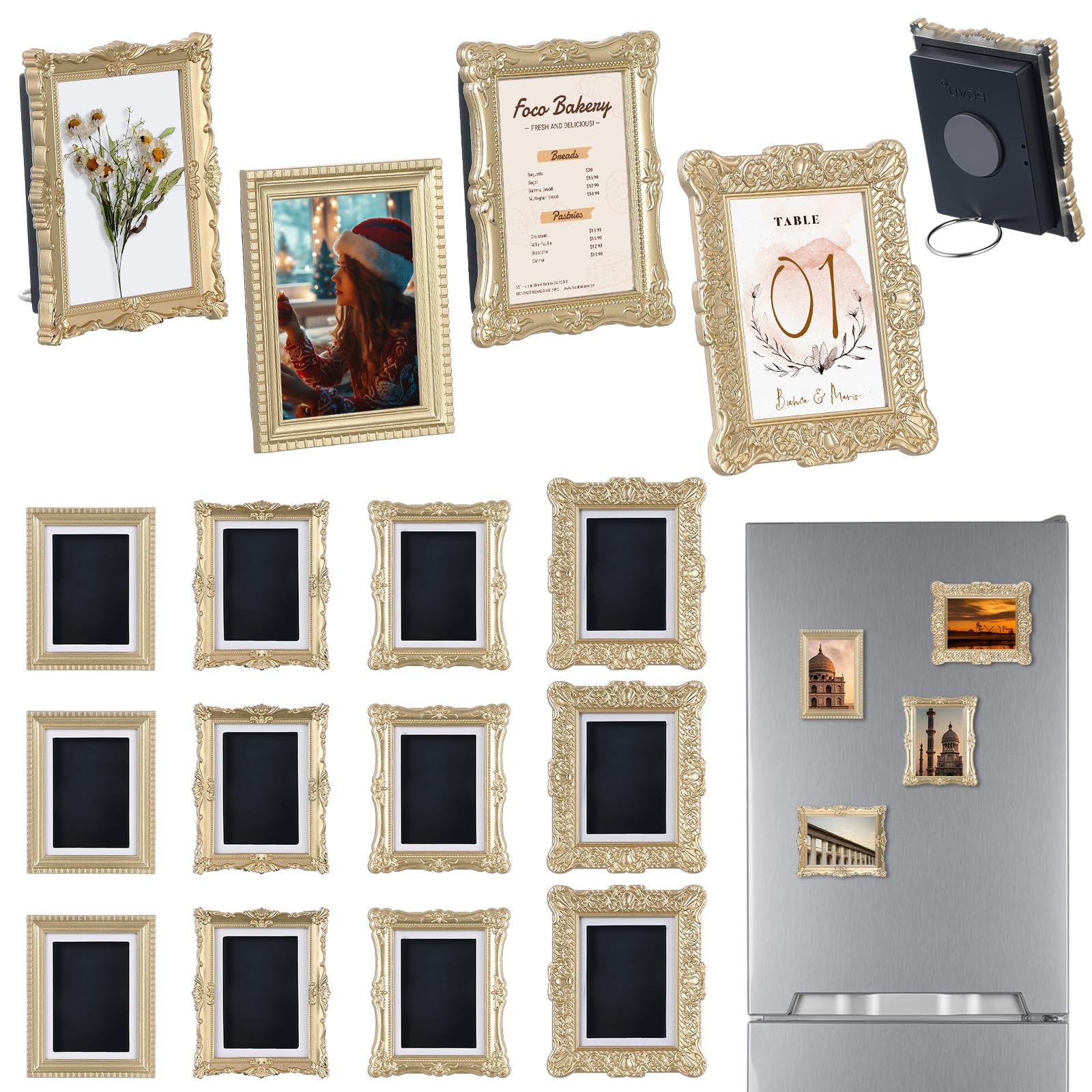 Photo 1 of Wonderjune 20 Pcs Vintage Mini Picture Frames for 2" x 3" Size Picture DIY Magnetic Fridge Magnet Small Gold Ornate Photo Frame Antique Table Decor for Wedding Centerpieces Menu(Versatile)