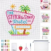 XunYee 19 Pcs Stitch &amp; Stay Motel 18 Mesh Needlepoint Canvas Kit Beginner | Christmas Printed Pattern for Beginners, Includes Embroidery Threads Needles Scissors Storage Bag, Xmas DIY Decoration Craft