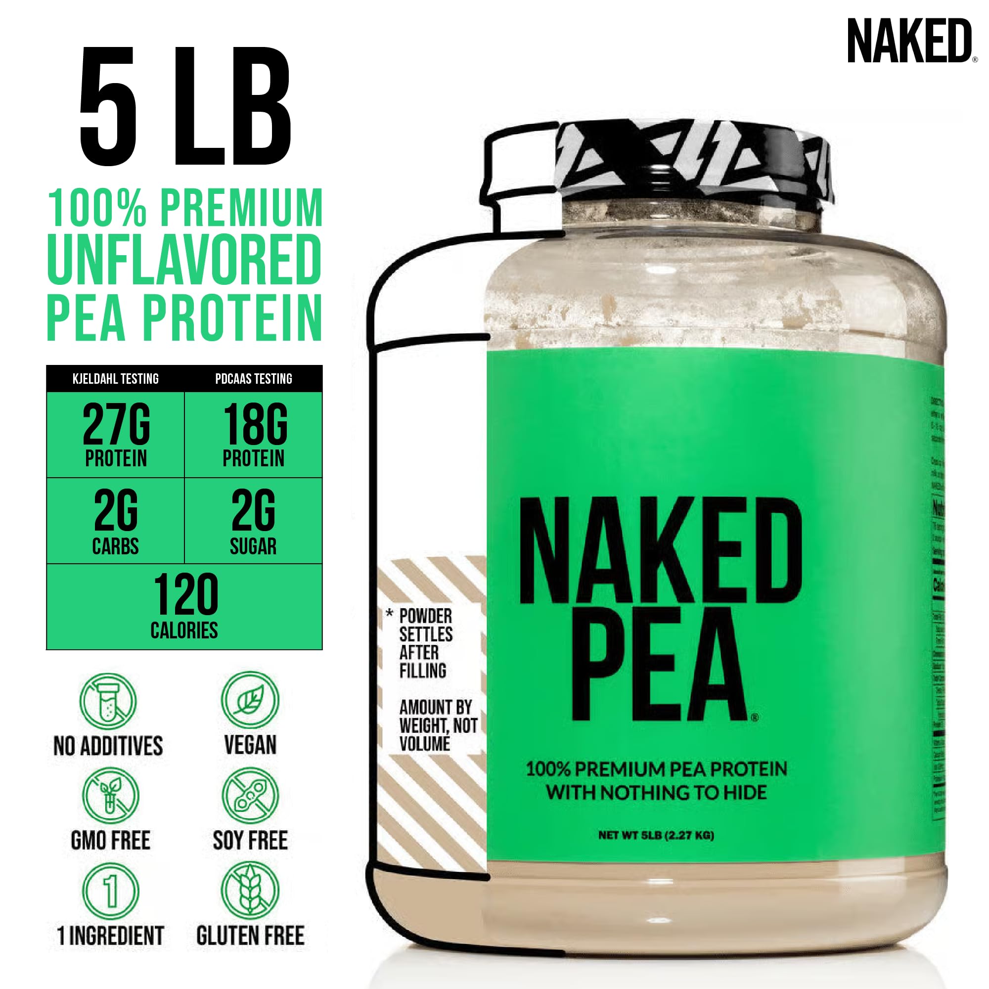 NAKED Pea - 5LB 100% Pea Protein Powder from North American Farms - Unflavored Vegan Pea Protein Isolate - Plant Protein Powder, Easy to Digest - 76 Servings