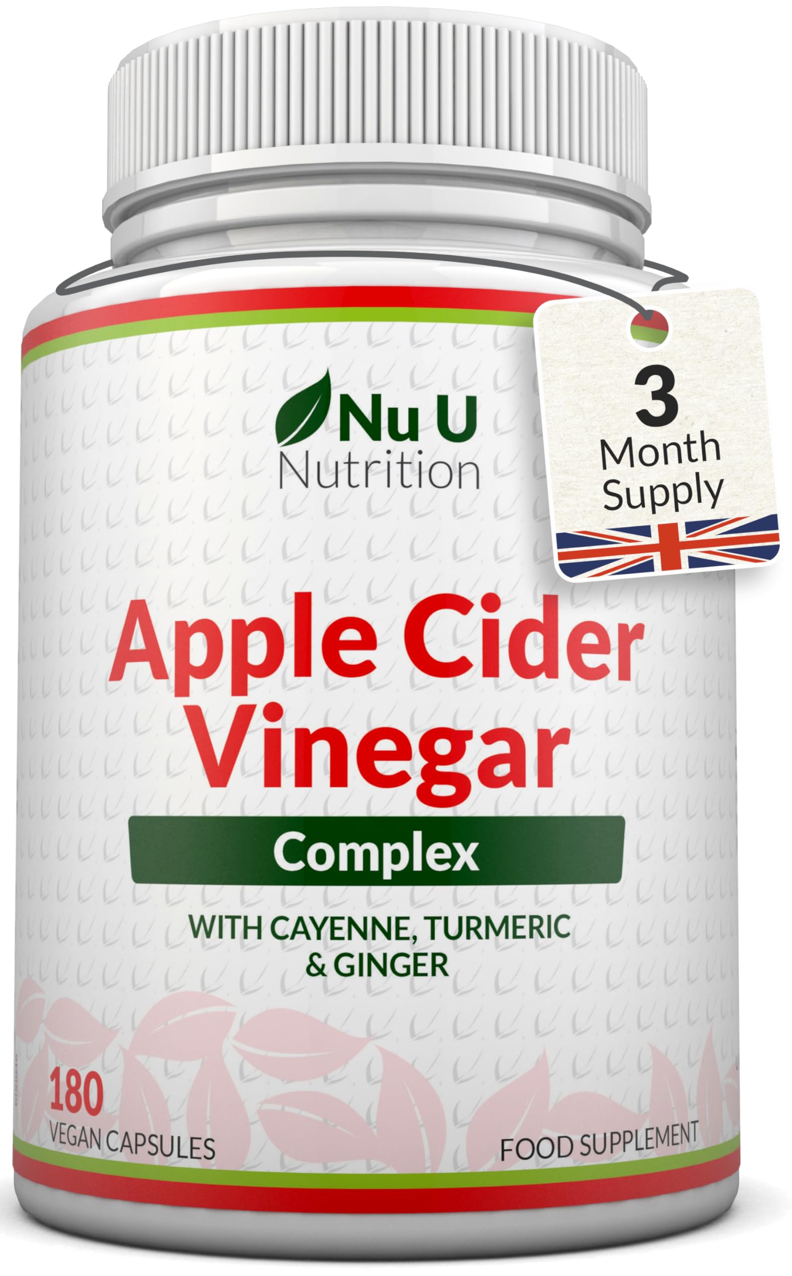 Apple Cider Vinegar - 180 Vegan Capsules - 100% Pure ACV Complex with Turmeric, Cayenne Pepper & Ginger Extracts - 3 Month Supply - Made in the UK - Nu U Nutrition