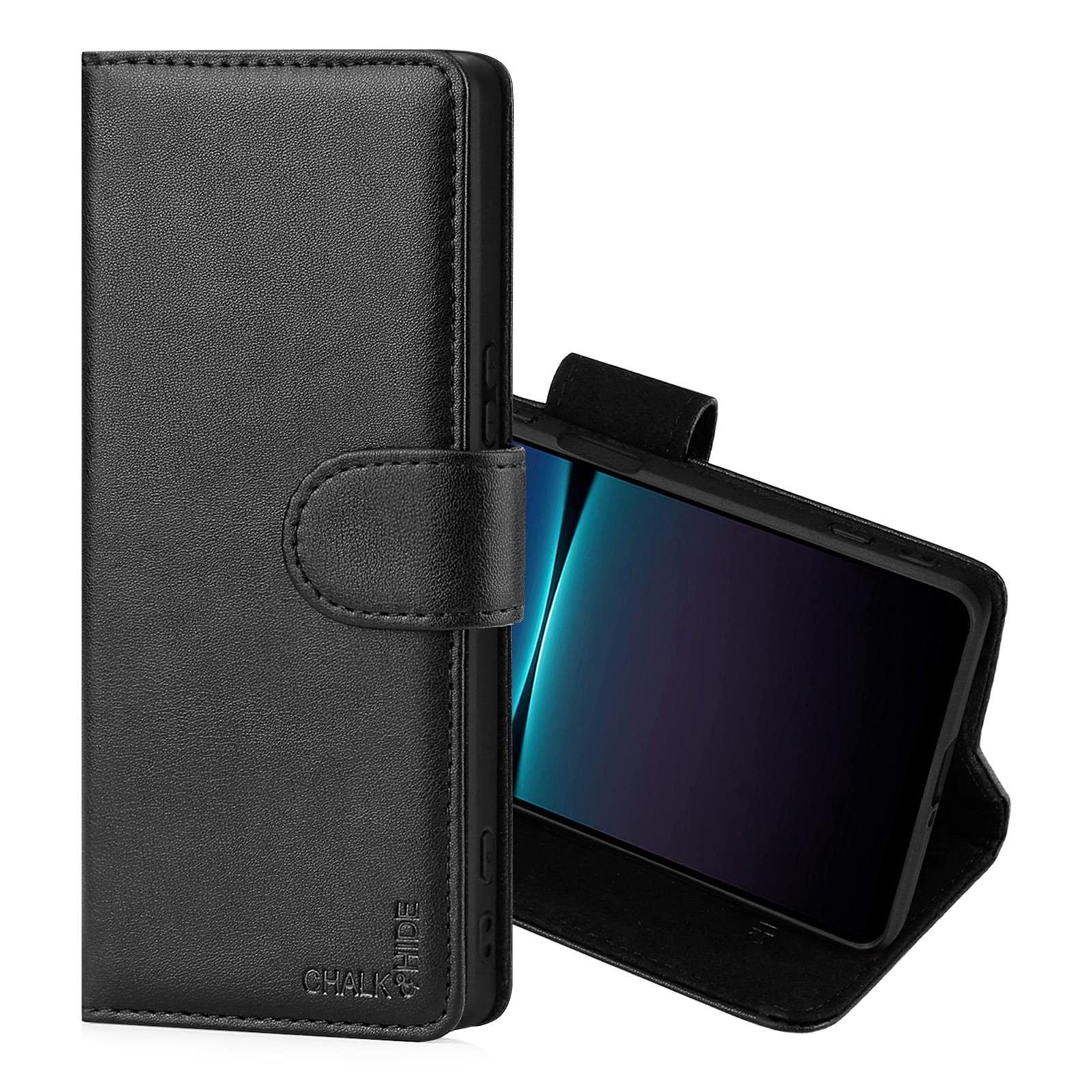CHALK & HIDE - Real Leather Book Wallet Flip Case Cover For Sony Xperia 10 IV (2022), Real Leather Design With Card Slot, Magnetic Closure and Built In Stand - Black