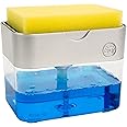 S&T INC. Dish Soap Dispenser and Sponge Holder for Kitchen Sink with Enhanced Features, Sponge Included, 13 Ounces, Silver
