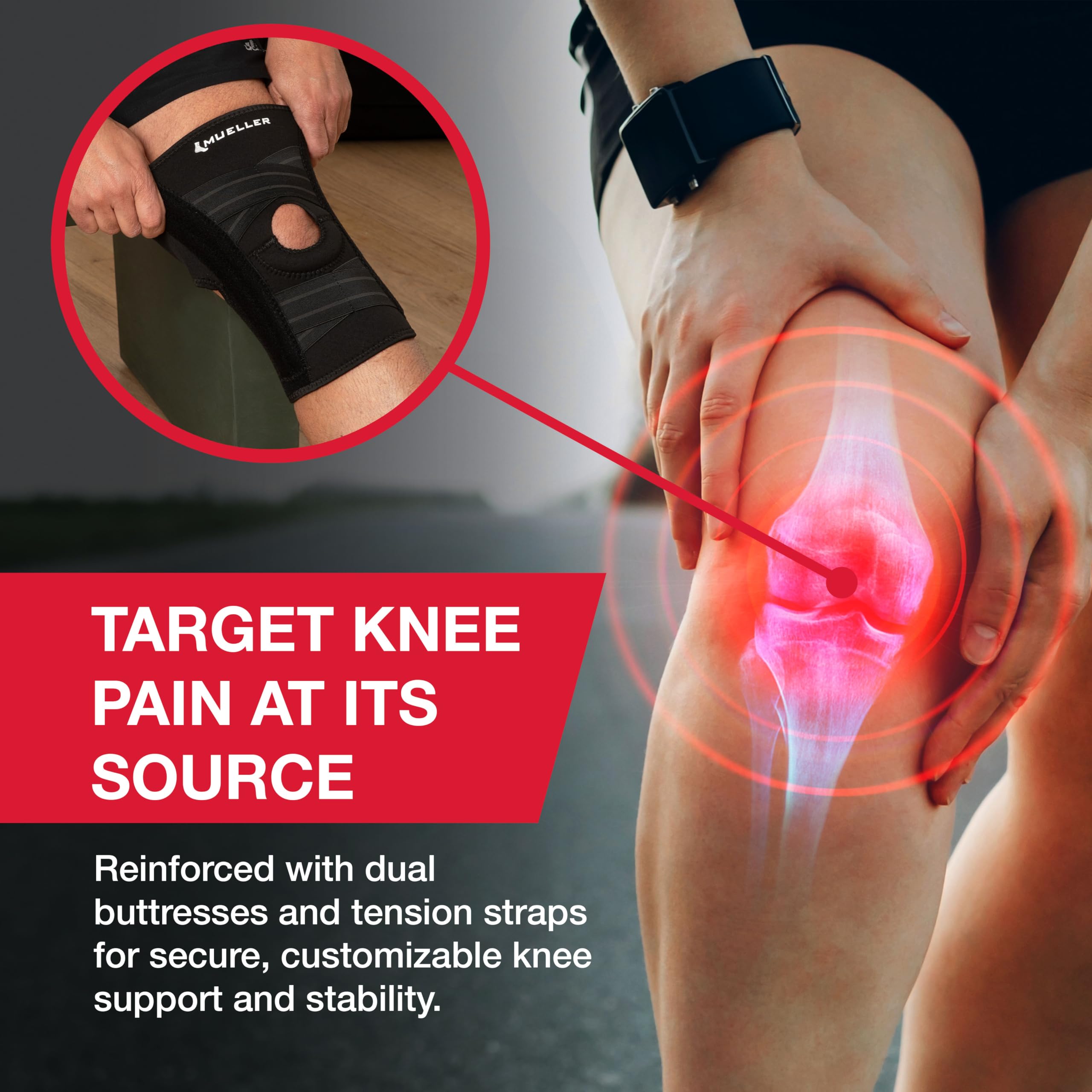 MUELLER Sports Medicine Self Adjusting Knee Brace for Men and Women, Knee Stabilizer for Compression and Pain Relief Support, Ideal for Arthritis, Sprains, Black, One Size