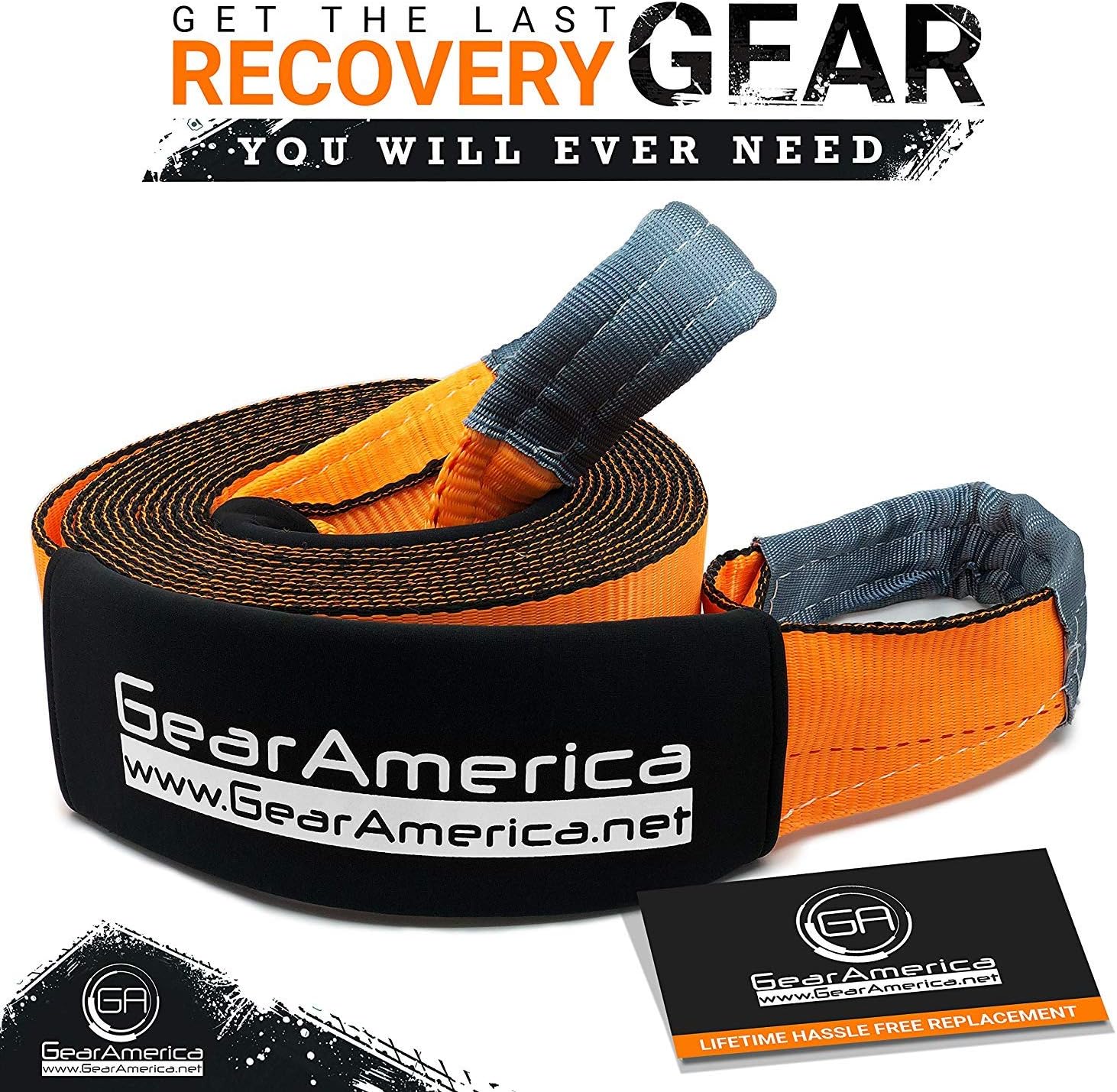 GearAmerica Recovery Tow Strap 4" x 30' | Ultra Heavy Duty 45,000 lbs (22.5 US Tons) Strength | Triple Reinforced Loops + Protective Sleeves | Emergency Truck Towing | Free Storage Bag + Strap: Automotive