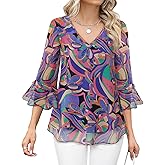 Bebonnie Womens Dressy Casual Tops Ruffle 3/4 Sleeve V Neck Floral Chiffon Blouses