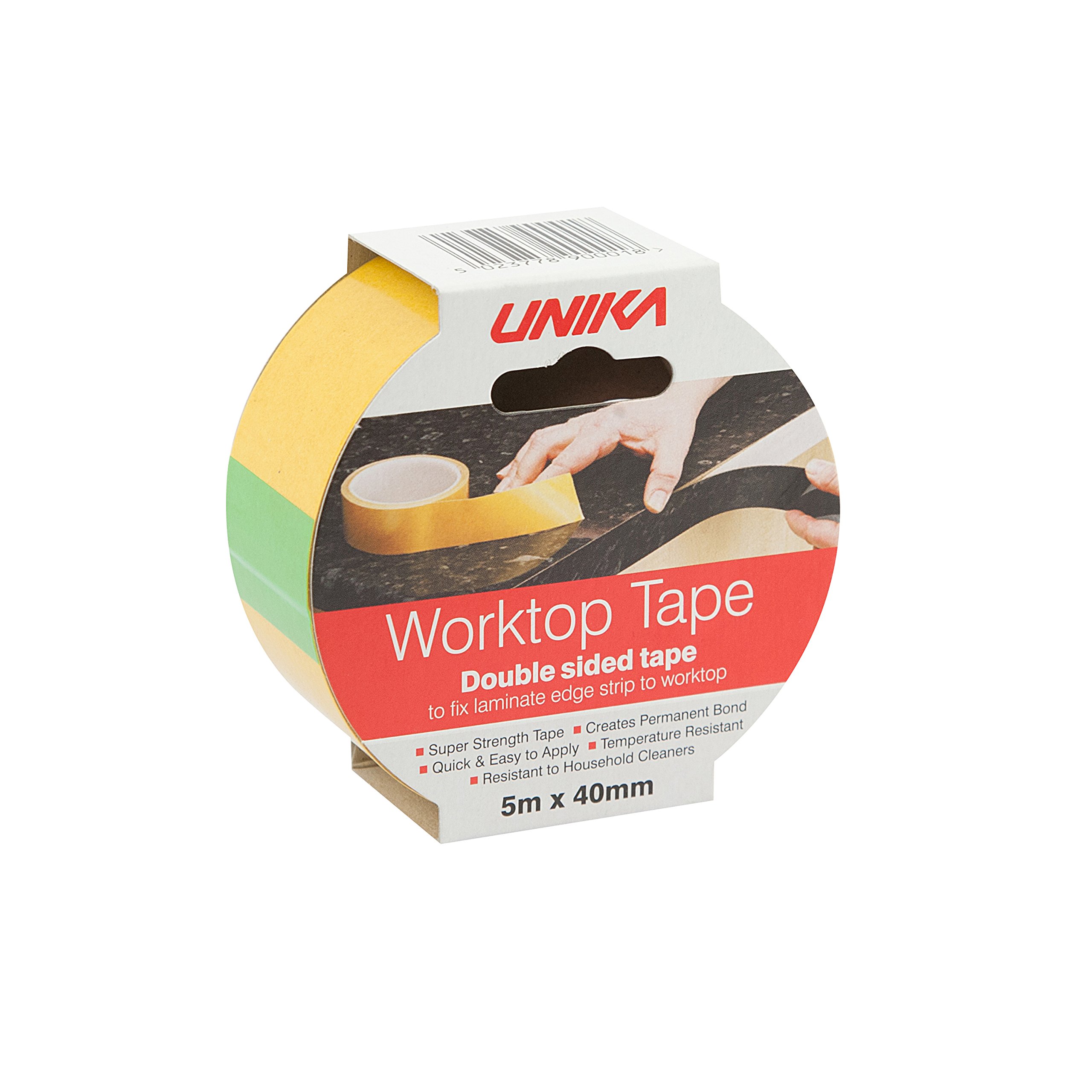 Unika Double-Sided Worktop Adhesive Tape 5m x 40mm – Heavy Duty Permanent PVC Mounting Tape for Laminate Strips, Trims & Worktop Edges, Temperature Resistant