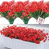 Janinka 48 Bundles Red Artificial Flowers Outdoor Faux Flowers UV Resistant Fake Plastic Plants No Fade Deep Red Greenery Shrubs for Porch Garden Planters Porch Window Wedding Box Decorating