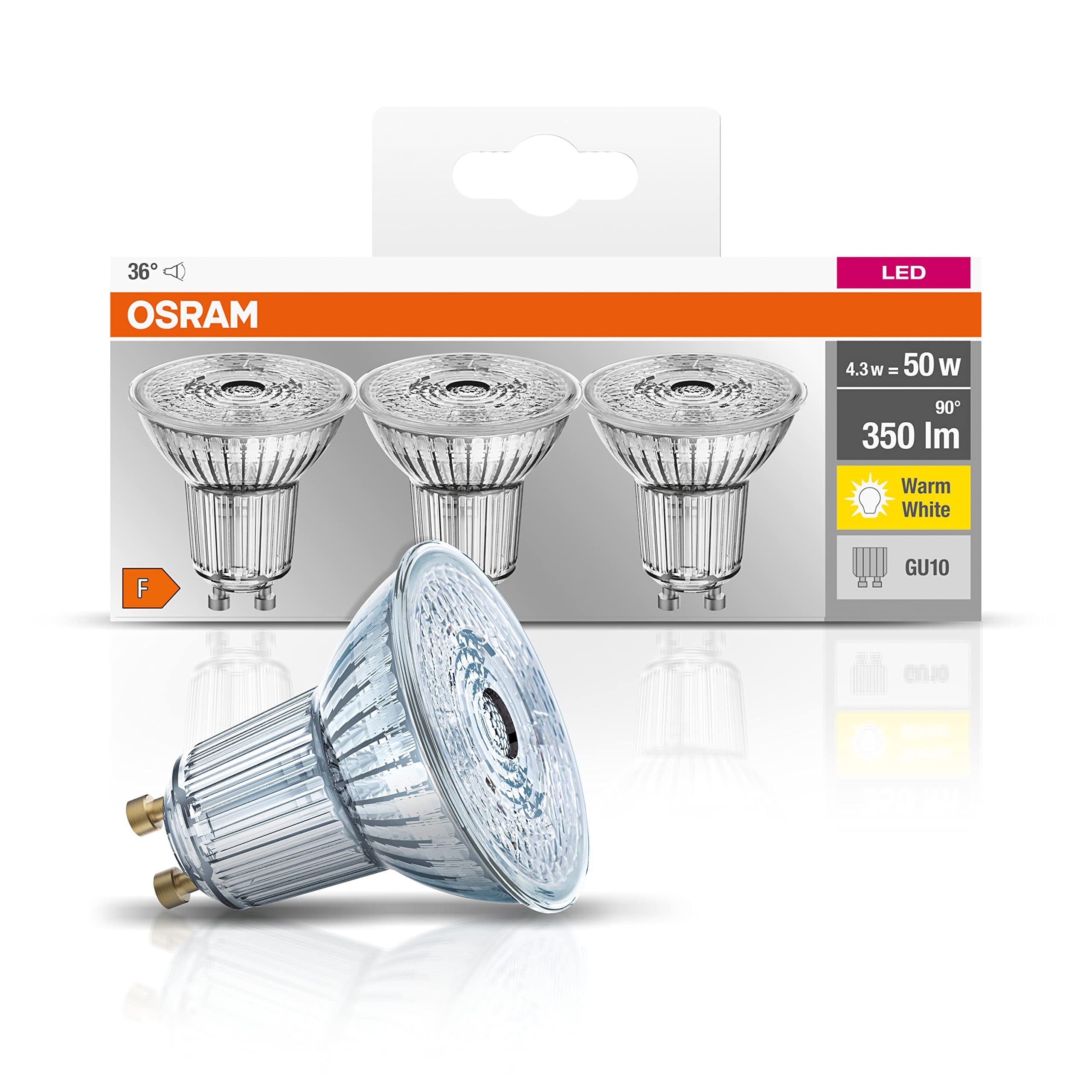 Osram Base Par16 LED Reflector Non-Dimmable Lamp, Glass, Warm White, GU10, 4.3 W, Set of 3