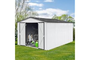 Morhome 12X10 FT Outdoor Steel Storage Shed with Floor, Large Garden Tool Shed with Updated Frame Structure and Lockable Doors, Metal Storage Shed for Garden, Backyard, Patio Storage