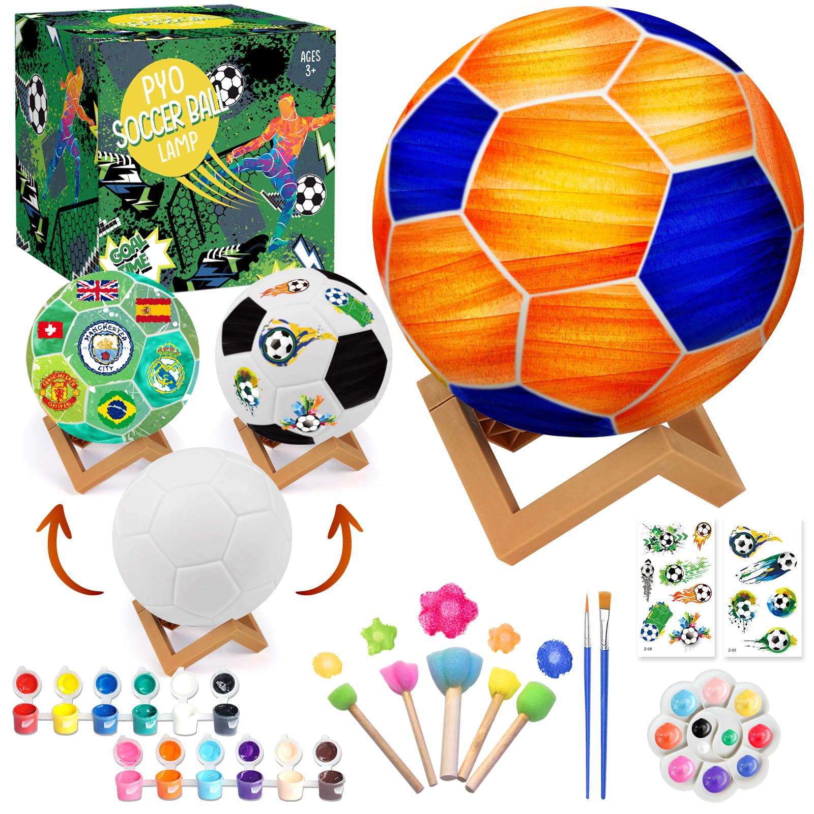 Paint Your Own Football Painting Lamp Kit, World Cup 3D Soccer Night Light Painting Lamp Art Set with Football Stickers, Stand, Creativity Kit 5 6 7 8 9 10 Year Old Girls Boys Brithdays Gifts