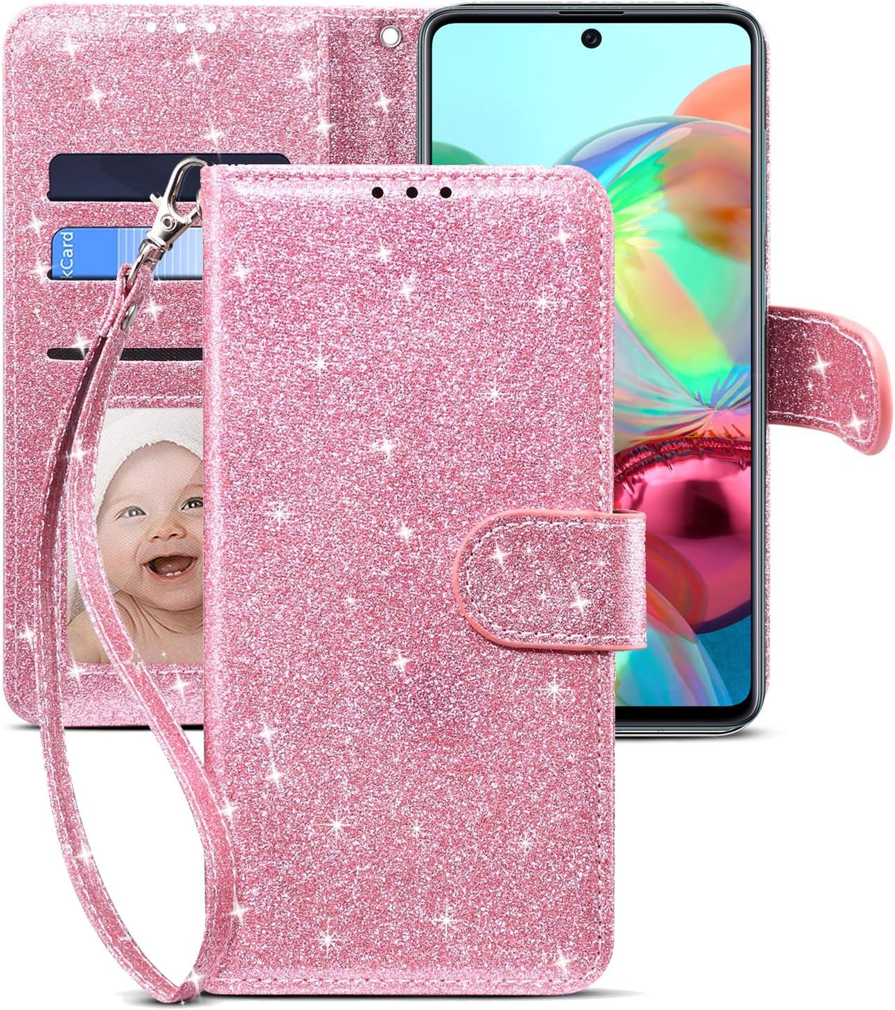CHICASE Case for Galaxy A71 4G[Not for A71 5G Version],Folding Flip Glitter Bling Cute Leather Wallet Shockproof Protective Case with Kickstand Card Slots Wrist Strap for Samsung Galaxy A71 4G (Pink)