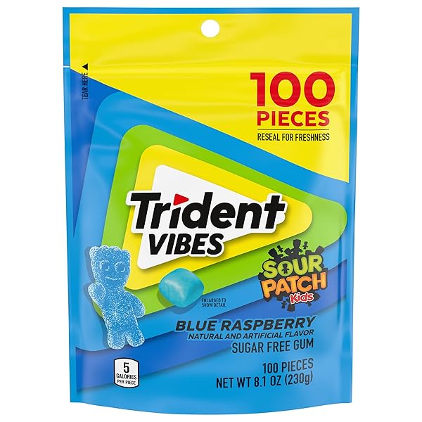 TRIDENT VIBES SOUR PATCH KIDS BLUE RASPBERRY SUGAR-FREE CHEWING GUM, RESEALABLE POUCH, PACK OF 1 (100 PIECES)