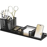 Pen Holder for Desk, 6-Piece Mesh Desk Organizer with Phone Holder, Black | 6-Piece Black Mesh Desk Set Includes Pen Cups, a Sticky Note Caddy and Phone Holder for Office, School, Home