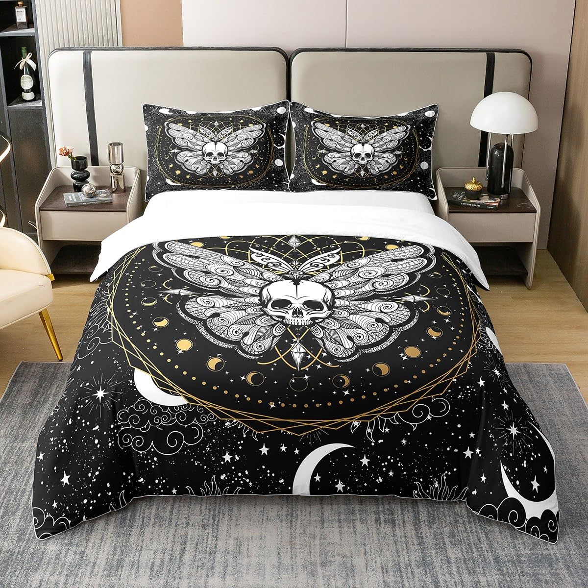 Homewish Death Moth Cotton Bedding Sets Single for Girls Boys Child,Boho Gothic Skull Duvet Cover,Golden Sun Moon Comforter Cover,Bohemian Style Galaxy 100% Cotton Set,Star Cloud Print Quilt Cover